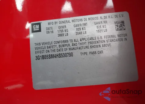 2017 Chevrolet Cruze Lt Auto from USA, damaged, VIN 3G1BE6SM4HS530790